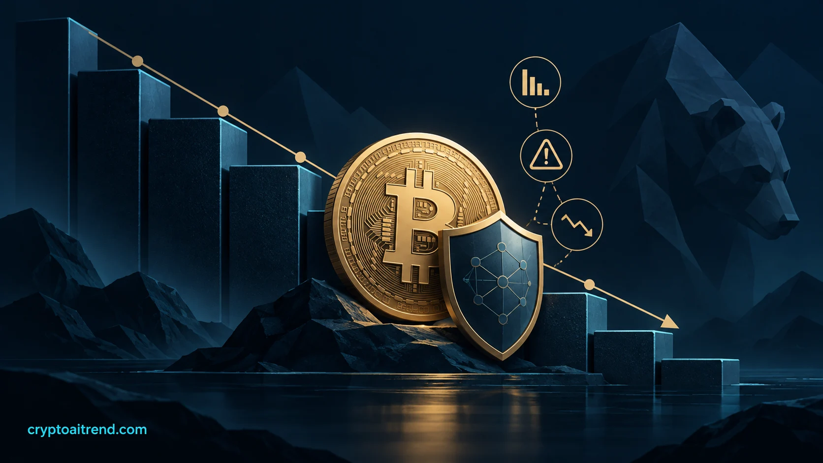 Bitcoin market downturn represented by descending steps and a protective shield