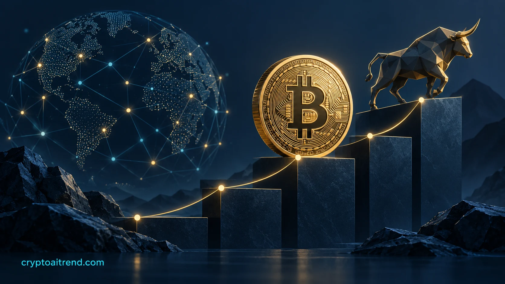 Bitcoin market expansion represented by ascending geometric steps with measured momentum