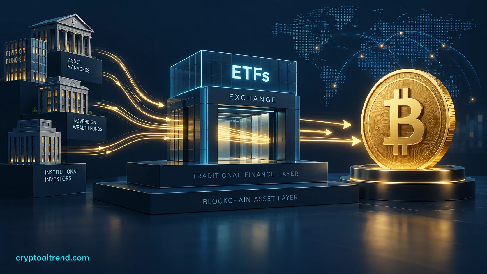 Institutional fund flows connected to a Bitcoin asset through a neutral exchange gateway