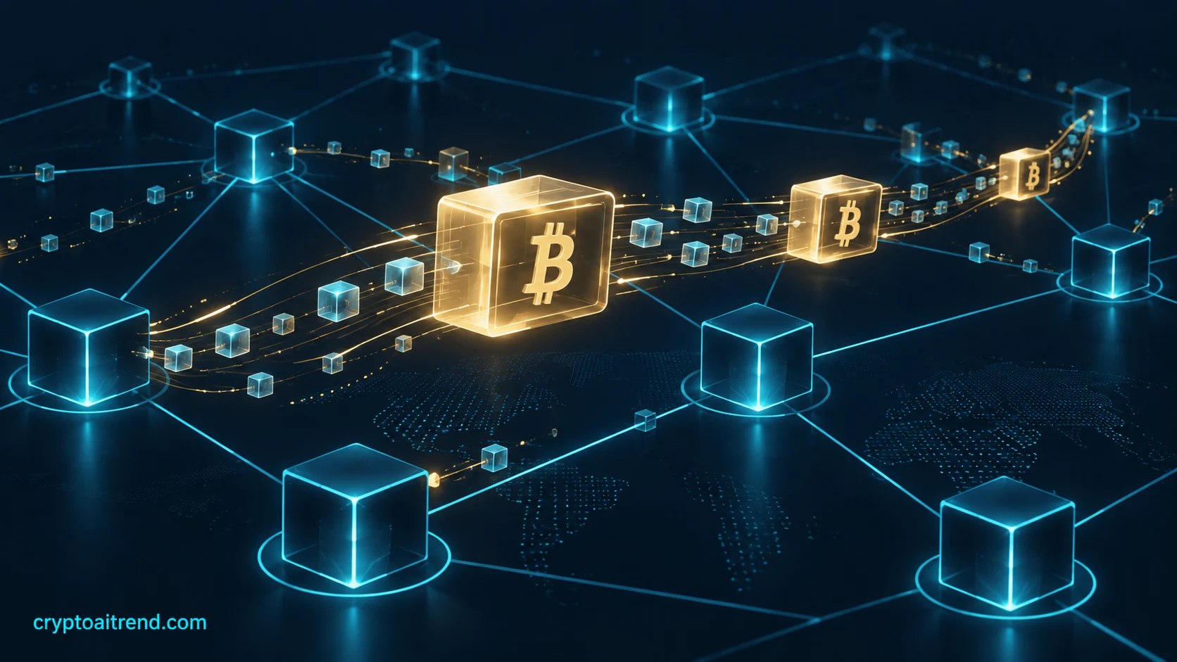 Large Bitcoin transfers shown moving between distinct blockchain nodes