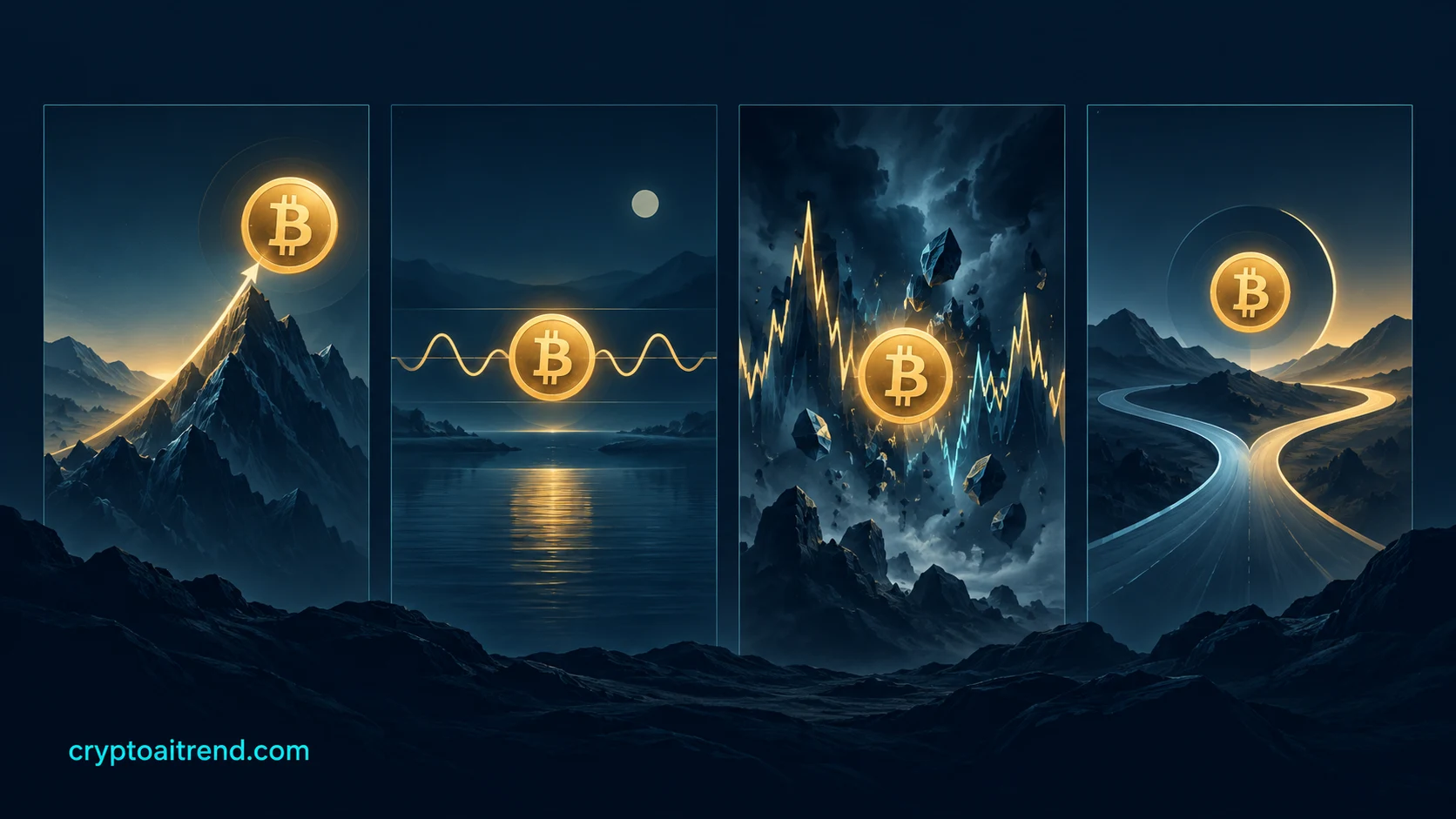 Four distinct Bitcoin market regimes represented as trend, range, volatility and transition patterns