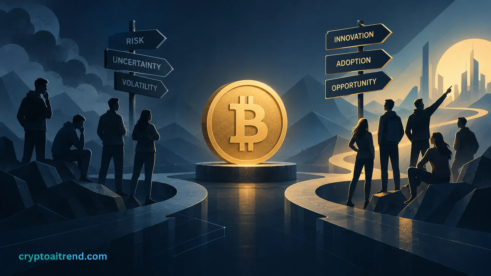 Balanced fear and optimism around Bitcoin represented by contrasting abstract human silhouettes