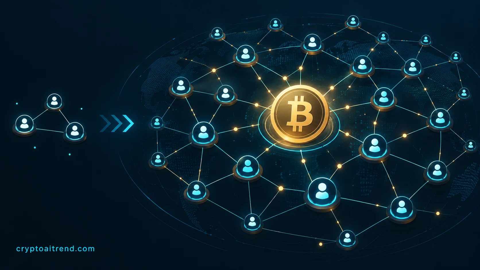 An expanding Bitcoin peer network represented by connected nodes