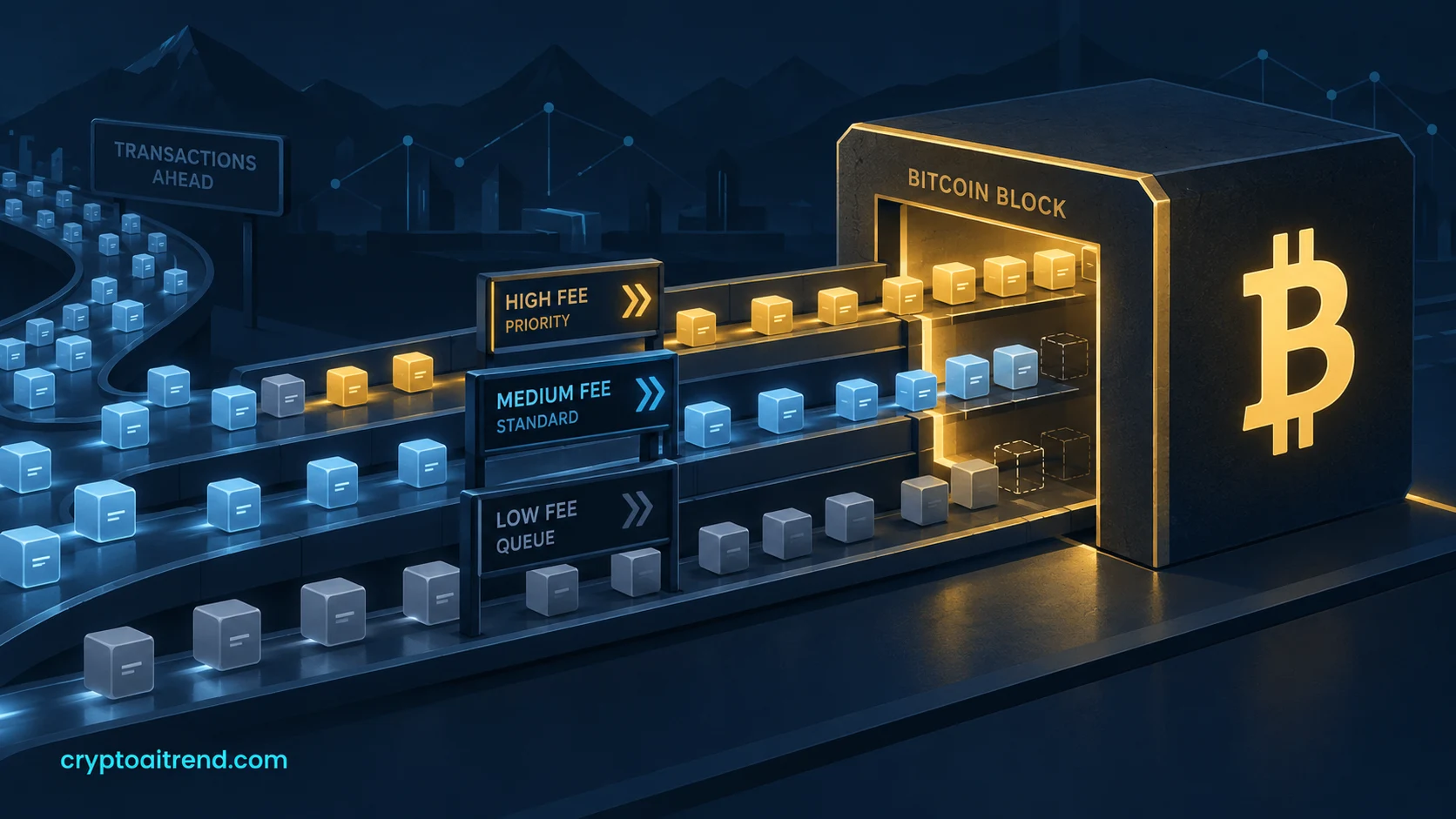 Bitcoin transactions queueing for limited block space beside a fee priority lane