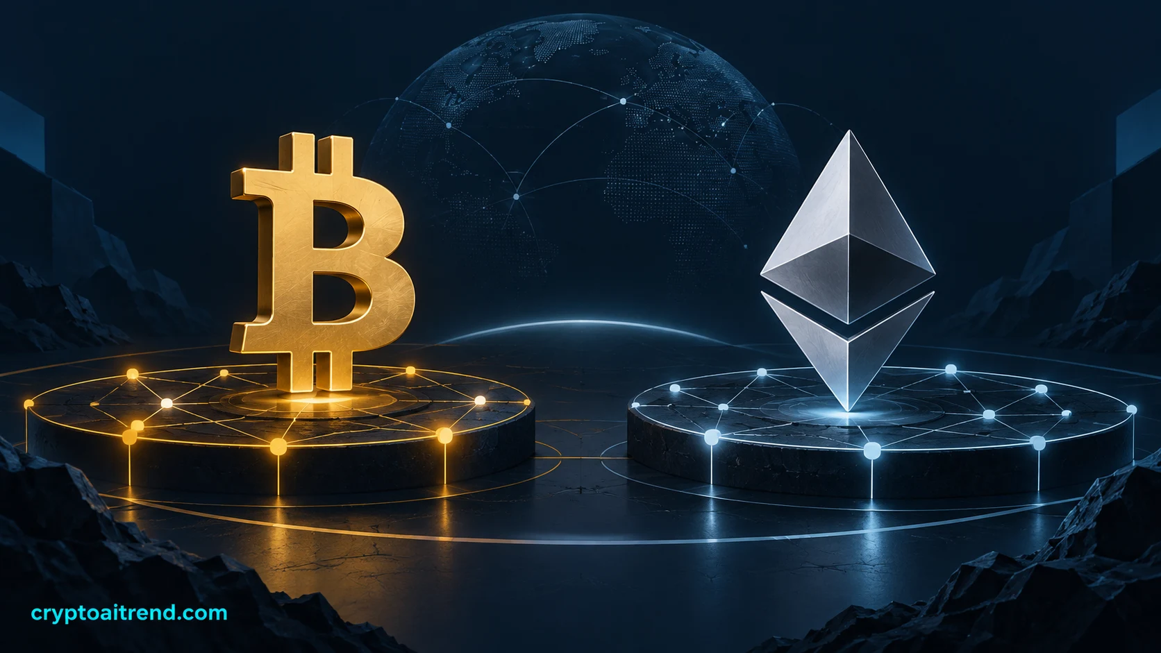 Bitcoin and Ethereum represented as distinct networks and token symbols
