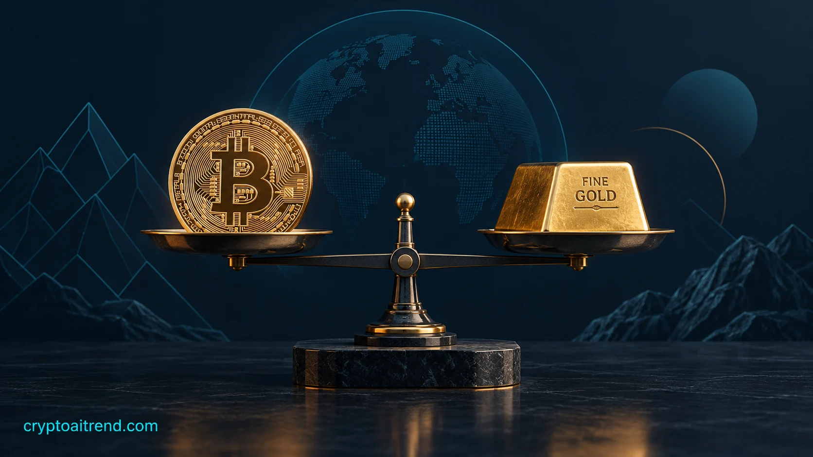 A Bitcoin coin and a gold ingot balanced on a research scale
