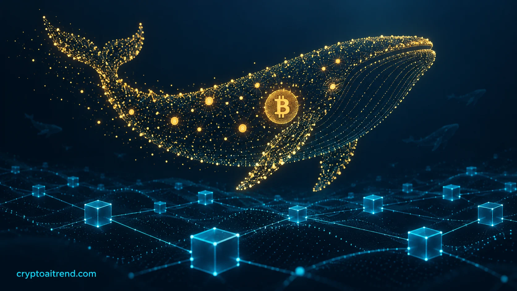 A large abstract whale beside a Bitcoin transaction network