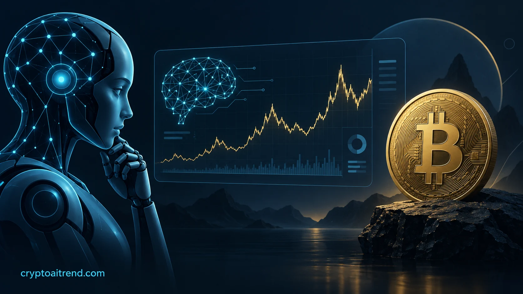 AI analysis of Bitcoin price history represented by a neural network and a time-series path
