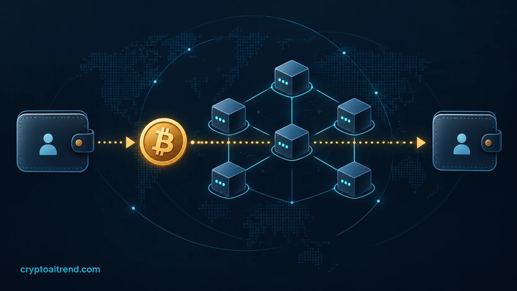 A Bitcoin payment moving through a simple peer-to-peer validation network