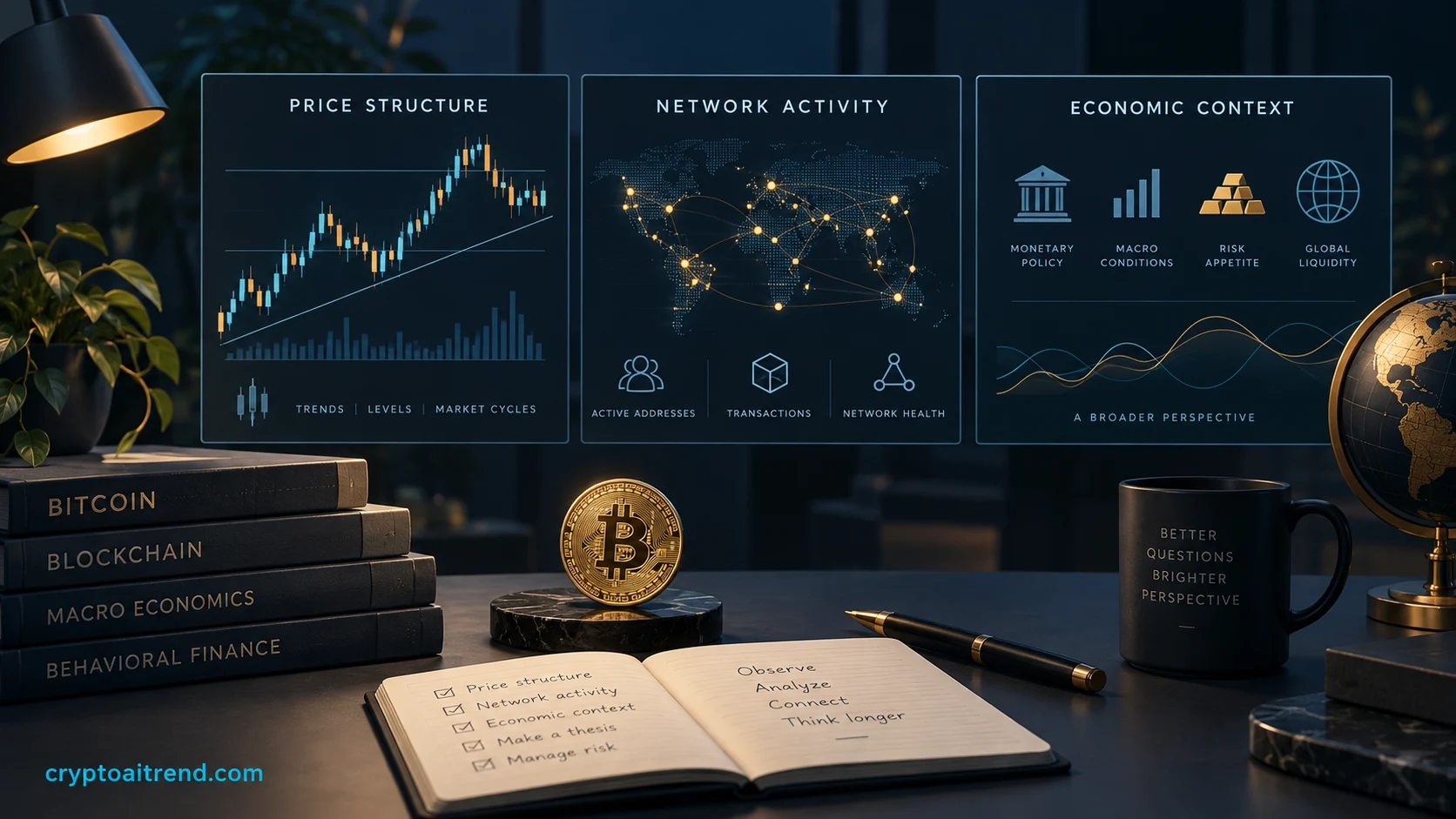 A Bitcoin research workstation with separate evidence and market context panels