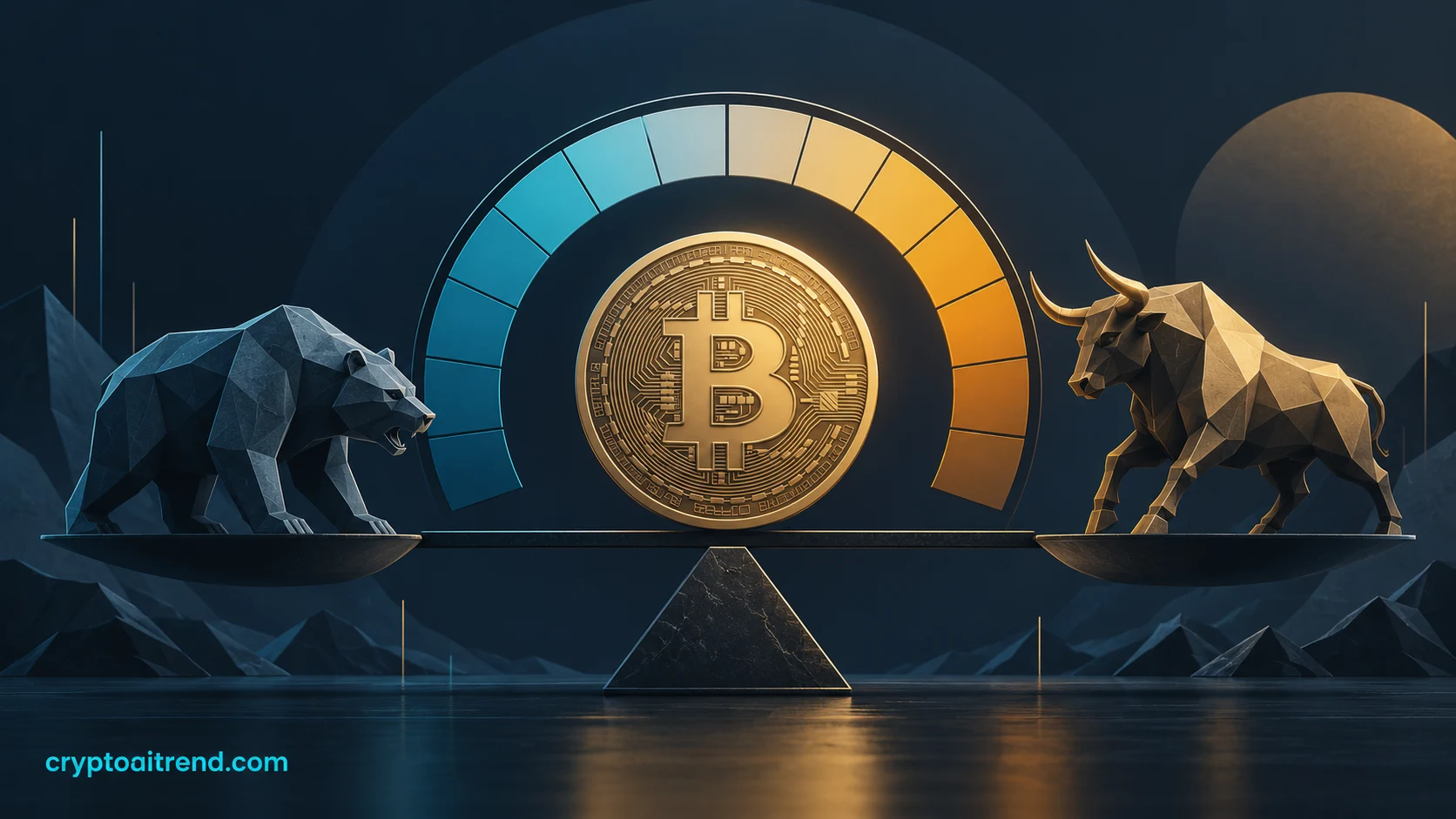 A Bitcoin sentiment gauge balancing fear and greed without displaying a current reading