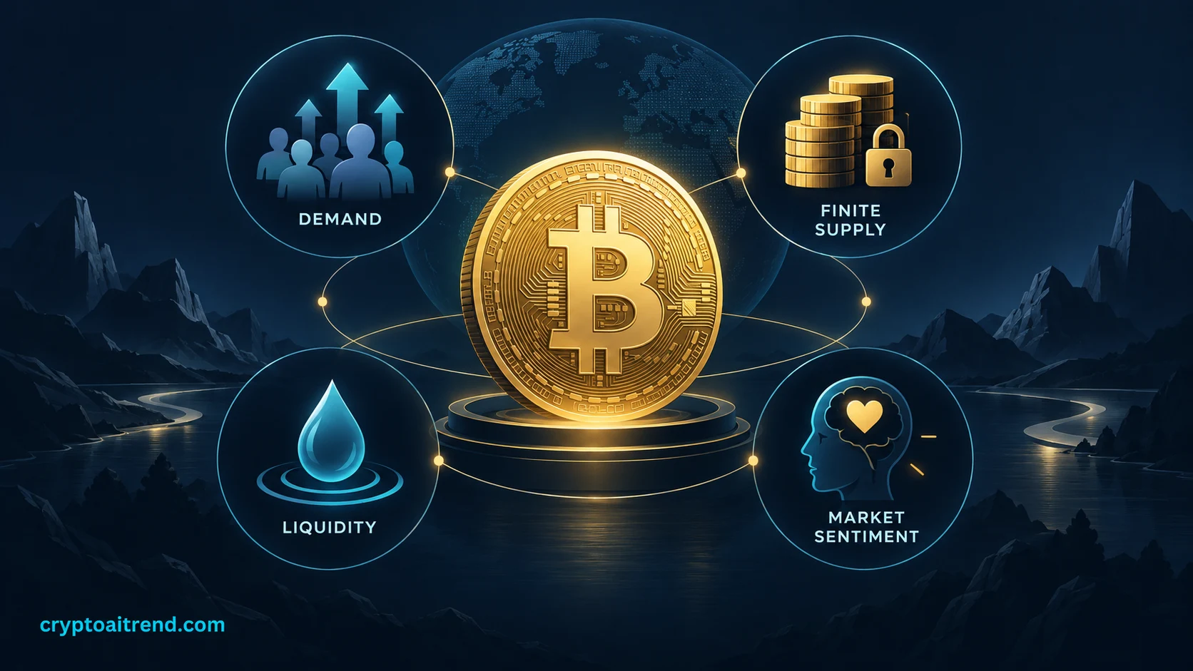 Bitcoin surrounded by distinct demand, liquidity, supply and market context symbols