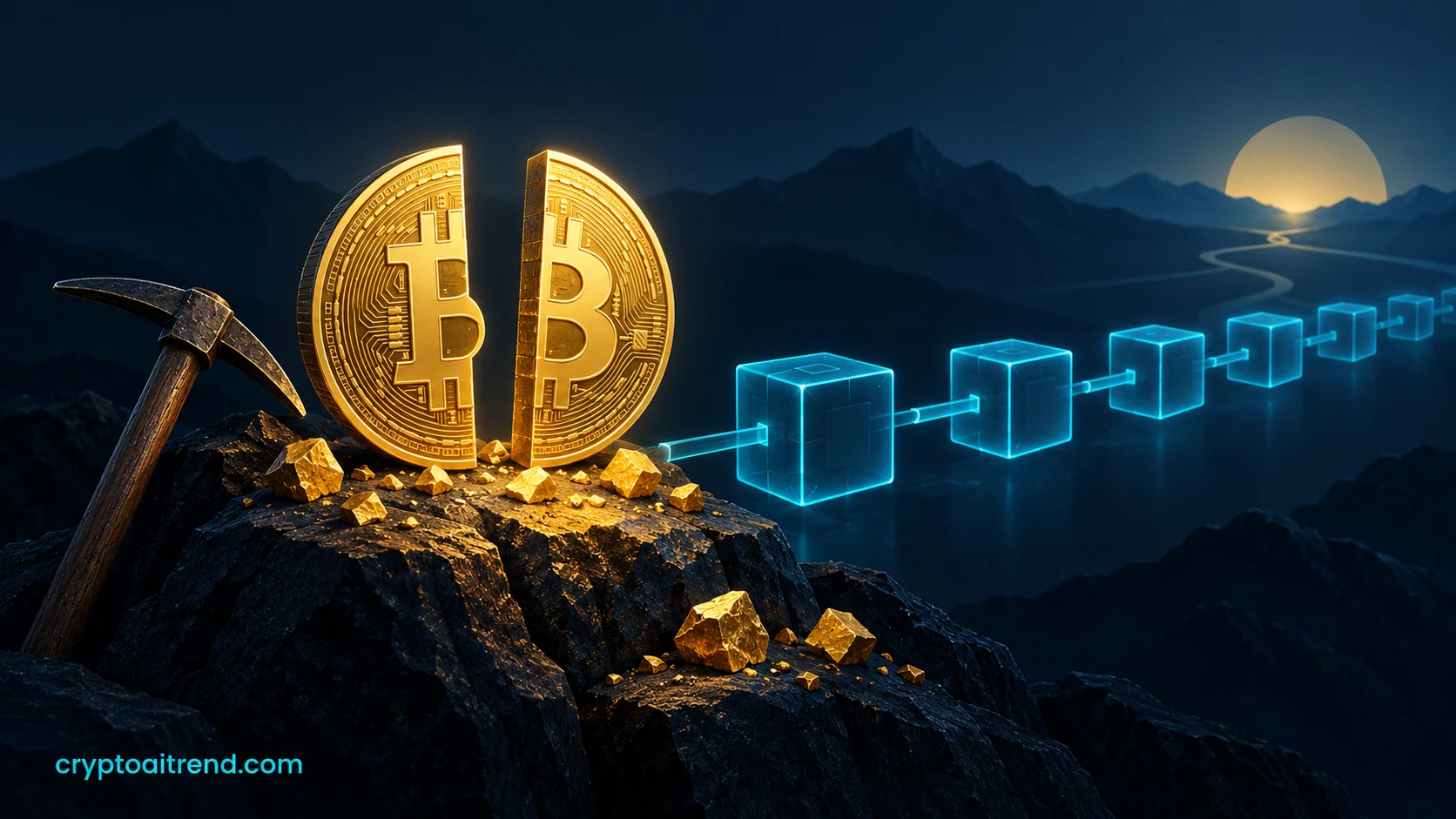 A Bitcoin mining reward split into two equal halves beside a block sequence