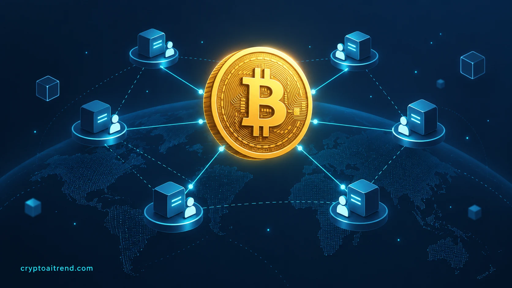 A Bitcoin coin connected to a peer-to-peer network across an abstract globe