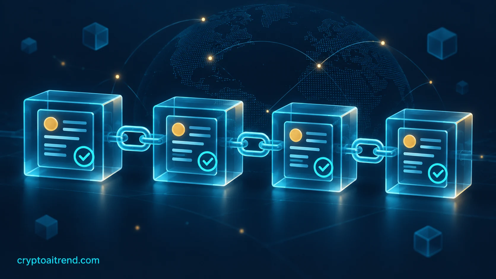 An immutable chain of linked blocks with clear connections and verification markers
